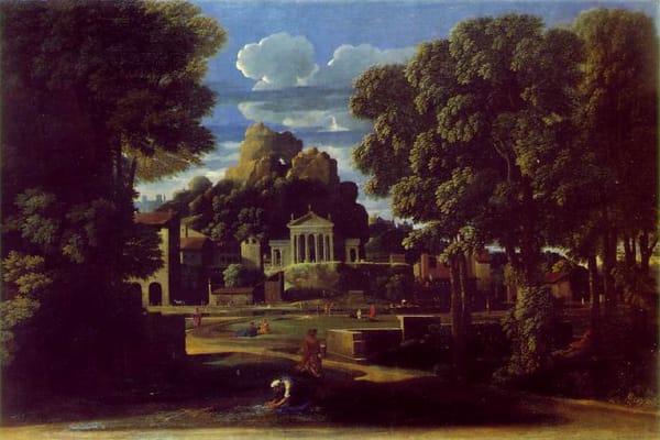 Landscape with the Ashes of Phocion by Nicolas Poussin depicting quiet exile and removal from society