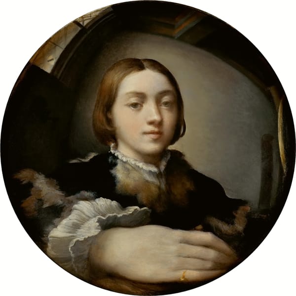 Parmigianino Self-Portrait in a Convex Mirror Renaissance painting symbolizing identity perception and parallel selves reality distortion