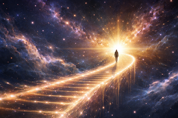 puente de luz simbolizando el puente de incidentes de Neville Goddard conectando la suposición con la manifestación