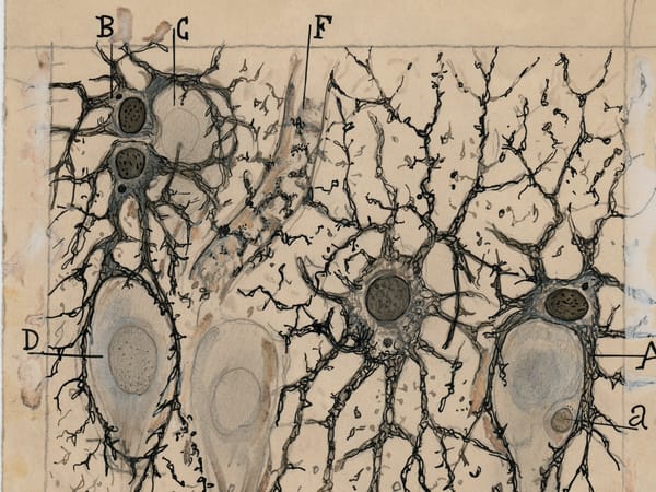 Scientific drawing of astrocytes and neurons by Santiago Ramón y Cajal showing interactions between glial cells neurons and blood vessels